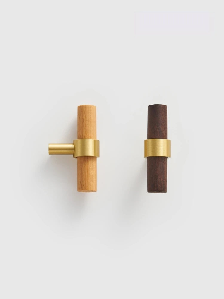 Brass Walnut Beech Wood Nordic T-bar Pull - Knobsy