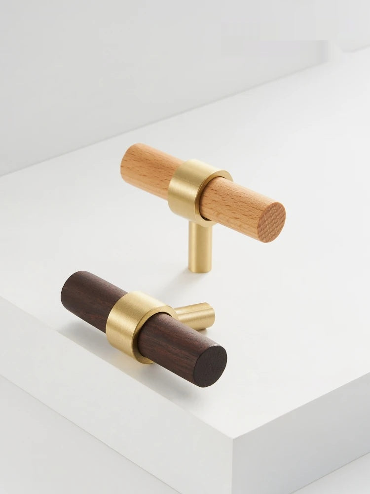 Brass Walnut Beech Wood Nordic T-bar Pull - Knobsy