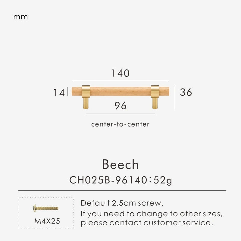 Brass Walnut Beech Wood Nordic T-bar Pull - Knobsy