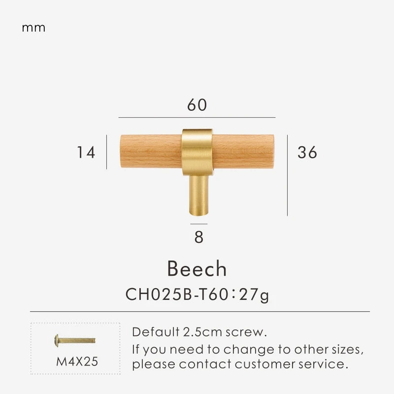 Brass Walnut Beech Wood Nordic T-bar Pull - Knobsy