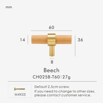 Brass Walnut Beech Wood Nordic T-bar Pull - Knobsy