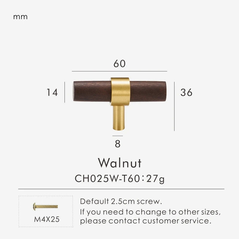 Brass Walnut Beech Wood Nordic T-bar Pull - Knobsy