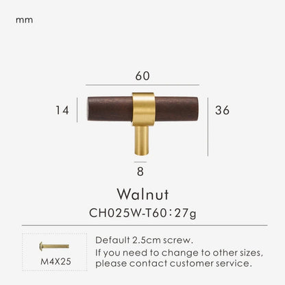 Brass Walnut Beech Wood Nordic T-bar Pull - Knobsy