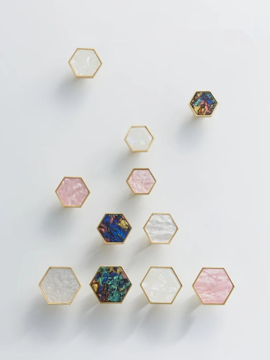 Hexagonal White Pink Colorful Brass Knob - Knobsy